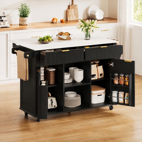 Îlot de cuisine extensible avec rangement multifonction, meuble cuisine mobile à roulettes avec porte-épices et porte-serviettes (1/5)