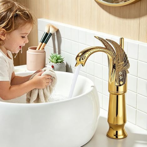 Brass Bathroom Tap with Gold Tap for Washbasin, Elegant Design Basin Tap with Hot and Cold Water Available (1/5)