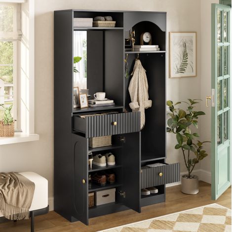 Mueble de entrada con espejo, banco, perchero y LED, MDF negro OKMYHOME (1/5)