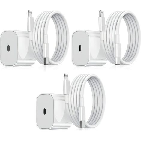 Promotion à petit prix Lot de 3 chargeurs pour iPhone : chargeur rapide, adaptateur et câble 20 W, blanc. Compatible iPhone. Produit neuf garanti.