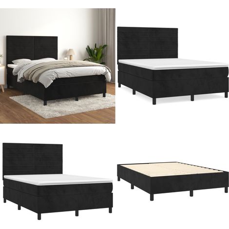 Cama box spring con colchón terciopelo negro 140x190 cm - Colchón de muelles - Cama box spring
