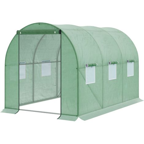 Outsunny Walk-in Polytunnel Greenhouse, Outdoor Garden Tunnel Greenhouse Tent with Zipped Roll-Up Door and 6 Mesh Windows, 3 x 2M