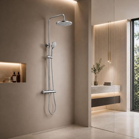 Colonne de Douche Thermostatique, Colonne de Douche avec Mitigeur Thermostatique, Hauteur Réglable Ensemble de Douche pour Salle de Bain, Chromé (argent1) (1/5)
