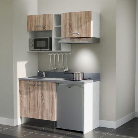 Kitchenette K13L - 140 cm - plan monobloc évier intégré Cromo- évier à gauche - Façades Bois + Electroménager inclus coloris Inox (1/5)