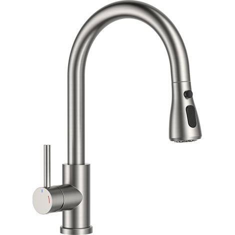 Robinet Cuisine Basse Pression, Robinet Evier Douchette Extensible avec 2 Jets, Mitigeur Cuisine 3 Raccords pour Chauffe-eau ou Sous-évier, Rotation 360°, Acier Inoxydable, Poignée (1/5)