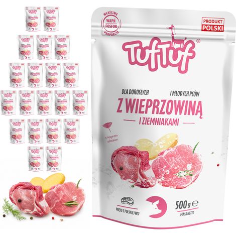 Comida húmeda para perros TufTuf, sabor cerdo y patata, 20 sobres de 500 g, carne en conserva. (1/2)