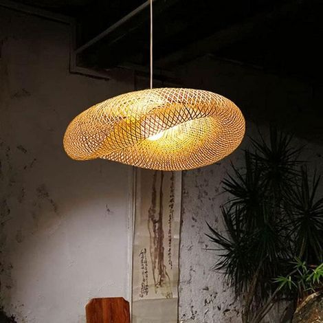 Shmshng – Suspension en rotin 40 cm – Lustre suspendu japonais en osier – Abat-jour tissé à la main – Hauteur réglable 120 cm – Ampoule E27 60W (1/5)
