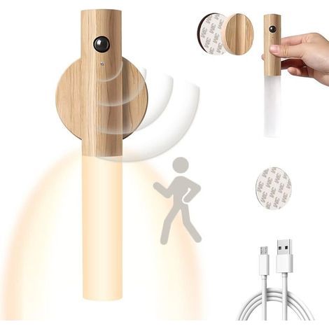 Wiederaufladbare Holzwandleuchte mit USB-Anschluss für den Innenbereich, mit induktivem Bewegungssensor, batteriebetrieben, warmweißes magnetisches Nachttischlicht, [Energieeffizienzklasse A++] (1/5)