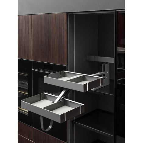 Etagère escamotable 2 niveaux – Pour caisson 900 mm – Mécanisme central fluide – Charge 14 kg – Décor anthracite – Vibo