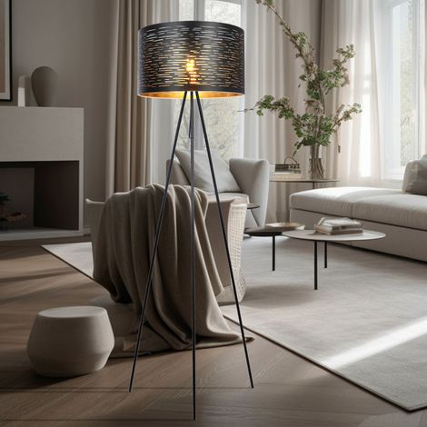Lampada da terra Lampada da soggiorno a 3 gambe Lampada da terra Lampada laterale oro nero, metallo plastica, 1x E27, DxH 38x153 cm (1/5)