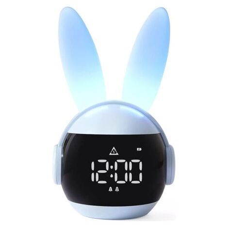 Réveils lumineux pour enfants , veilleuses de lapin , 90 jours d'autonomie en veille, facile à configurer, 6 sonneries, répétition, rechargeable, horloge d'entraînement au sommeil (bleu) (1/5)