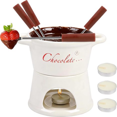 Creuset pour chocolat et fromage, 300 ml, lot de fondue de chocolat en céramique avec 4 fourchettes et 4 lumineuses, amovible, mini tasse à fondue pour maison, restaurant et café (1/5)
