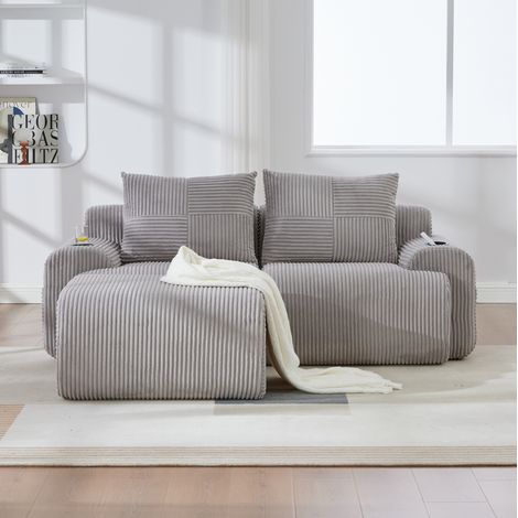 Canapé 2 places modulaire en Velours côtelé, repose-pieds amovibles, porte-gobelet et poche latérale, 200×174×80 cm, gris clair (1/5)