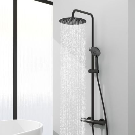 Acezanble colonne de douche thermostatique en laiton chromé, avec douche de tête ronde en acier inoxydable 25X25CM et douchette 3 fonctions, noir,hauteur réglable 746mm-1306mm (1/5)