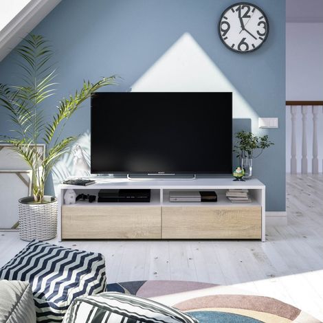 Mobile porta TV 130x40x36 cm bianco opaco e rovere canadese con 2 ante - Verona (1/8)