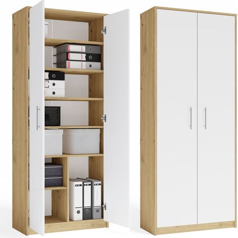 OLIV 2D - Armario 2 puertas, 8 estantes - 74 x 180 x 35 cm - BLANCO / ROBLE ARTISAN (1/5)