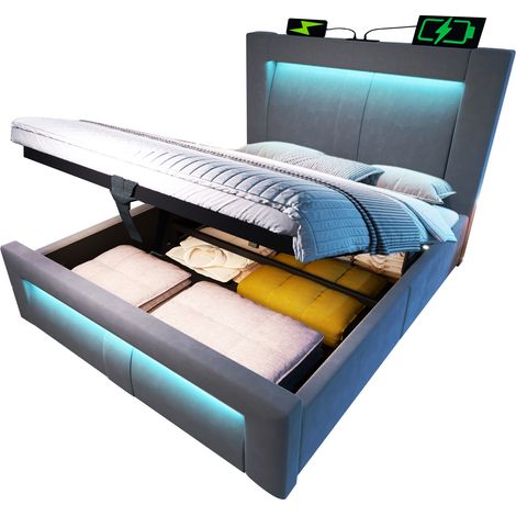 Lit coffre 90x200 cm en velours gris avec LED, ports USB et Type-C, matelas inclus, tête de lit cintrée et rangement hydraulique - CHICFURN (1/5)