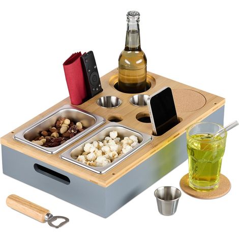 Bandeja para refrigerios con portavasos y soporte para teléfono