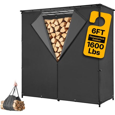 VEVOR Portalegna da Ardere con Copertura Impermeabile 1855 mm per Esterni, per Camino Patio e Terrazzo, Portata 730 kg, Cavo da 3/8", Robusto Organizer in Metallo per Cataste di Legna, Colore Nero (1/5)