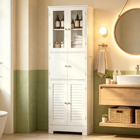 Meuble de salle de bain haut, armoire de rangement de salle de bain à 6 portes (2 portes vitrées et 2 portes coulissantes), étagères réglables en hauteur, meuble de salle de bain autoportant (1/5)