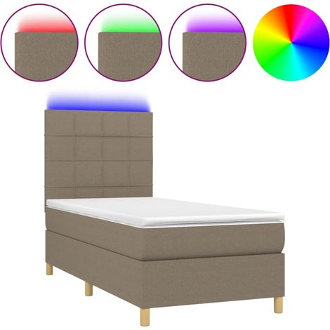 Lit simple Lit adulte Sommier à lattes de lit et matelas et LED Taupe 100x200cm Tissu