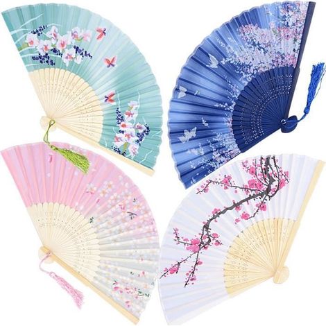Lot de 4 Éventails Pliants en Soie et Bambou Motif Sakura et Papillons pour Décoration (1/3)