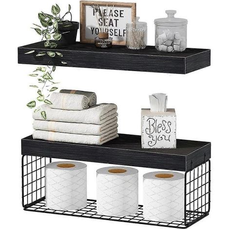 Étagères de salle de bain au-dessus des toilettes - Étagères murales flottantes pour le rangement du papier toilette, petite étagère décorative de style campagnard de 40 cm (16 pouces). (1/5)