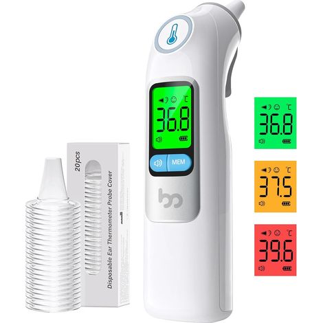 Thermomètre Auriculaire pour Adultes et Bébés Précision Alerte Fièvre à 3 Couleurs Mode Silencieux avec 20 Embouts Jetables (1/5)