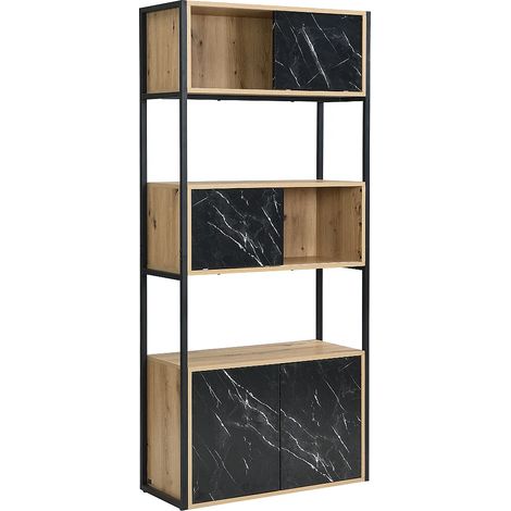 Bibliothèque avec 4 portes et 2 niches en MDF et acier - Effet marbre noir et naturel - YELANIA (1/5)