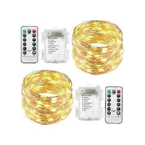 Lot de 2 guirlandes lumineuses LED piles avec télécommande, 4,9 m, 8 modes, 50 LED, fil tanche, lumires toiles, lucioles scintillantes pour terrasse, j (1/5)
