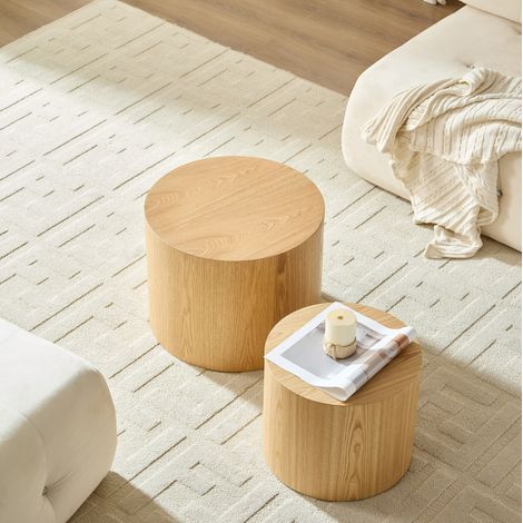 Set de 2 tables gigognes rondes 48x38 + 38x32 cm naturel en MDF avec design gain de place (1/3)