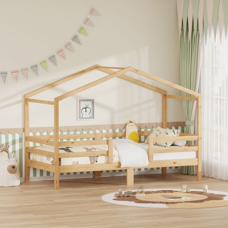 Lit cabane enfant 90x200 cm en pin massif naturel avec toit maison, garde-corps 3 côtés et sommier à lattes en pin, pour chambre enfant (1/5)