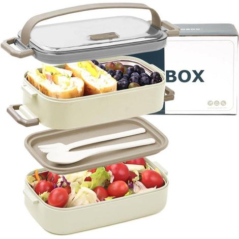 Edelstahl Lunchbox 1100ml, Bento Box auslaufsicher mit Fächern und Besteck, Beige (1/5)