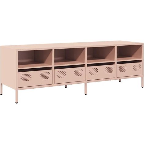 Meuble TV industriel moderne avec 4 compartiments 135 x 39 x 43 cm en acier laminé à froid rose (1/5)