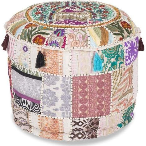 Housse Pour Pouf Repose-Pieds-Style Ethnique Indien-Brodée-En Coton Indien-Rond-Décoration Artistique-55,9X35,6Cm[CA169] (1/5)