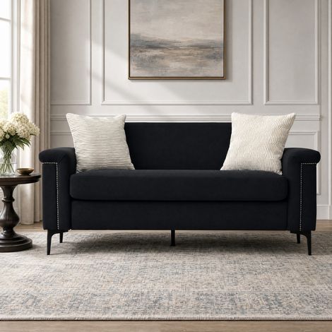 Sofá de 2 plazas (172x73.5 cm), para espacios pequeños, tejido suave, patas de metal, negro (1/5)