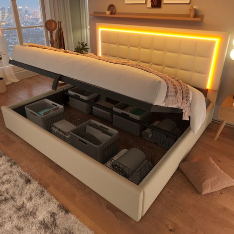 Lit coffre 160x200 avec LED et matelas PU blanc HAVRYA (1/5)