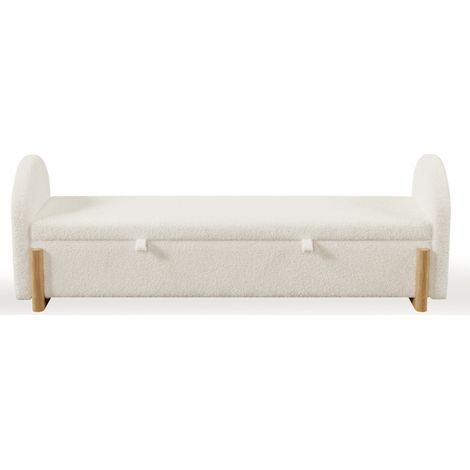 Panca contenitore da letto 186 cm bianca in bouclé con apertura idraulica e gambe in legno (1/5)