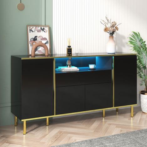 Buffet design 150x40x80 cm avec 1 tiroir et finition laquée noir brillant - noir (1/5)
