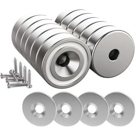 12 aimants néodyme de force 10 kg, 20 x 7 mm, avec trou et capsule, aimant en pot encastré avec vis et 12 plaques en acier (argent clair) (1/5)