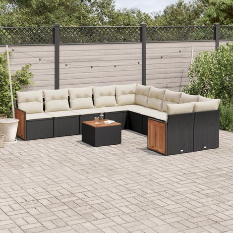 11-tlg. Garten-Sofagarnitur mit Kissen Schwarz Poly Rattan (1/5)