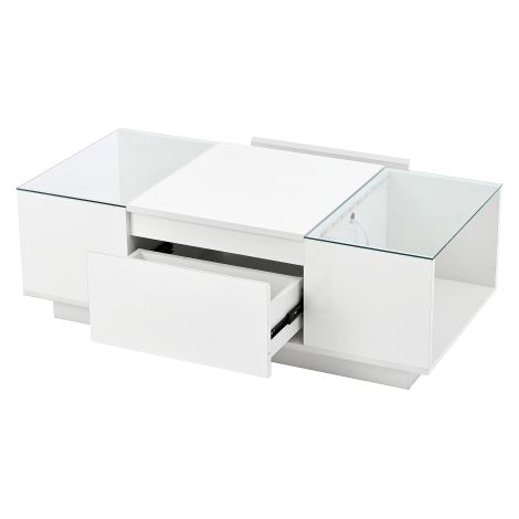 Table basse LED 105 cm, minimaliste, verre, 2 tiroirs, rangement