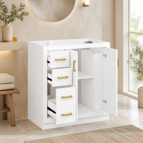 Mueble de baño con lavabo moderno blanco en MDF, 3 cajones, 2 puertas y estantes abiertos 76,5 cm (1/5)