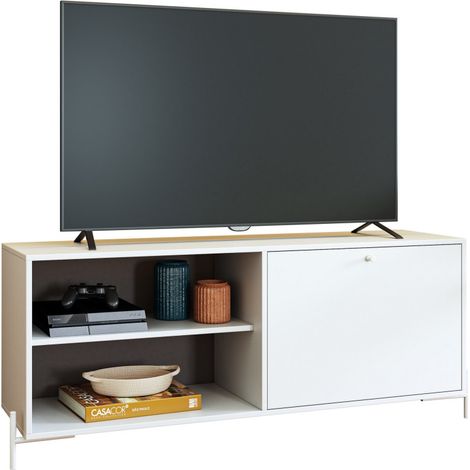 Meuble TV Bar 60 Pouces Blanc 1 Porte 4 Niches Pieds Métal Ronds L 142 H 56 P 35 cm (1/5)