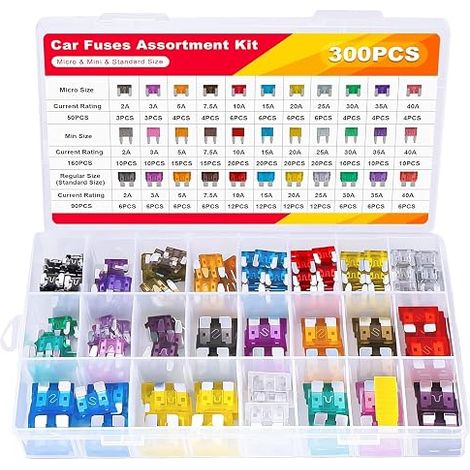 300pcs Car Fuses Set for Car, Motorcycle, RV, Truck (2A 3A 5A 7.5A 10A 15A 20A 25A 30A 35A 40A) 50 Mini Auto Fuse, 90 Medium Car Fuse, 160 Mini Auto Fuse, 1 Extractor (1/5)