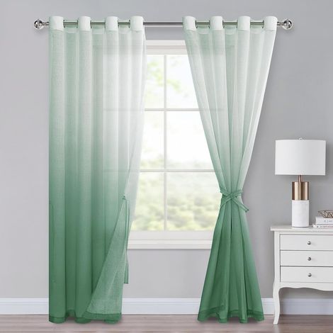 Lot de 2 rideaux en voile avec œillets - Dégradé de couleurs - Pour chambre à coucher et salon - Avec embrasses - H 225 x 140 cm - Vert sauge (1/5)