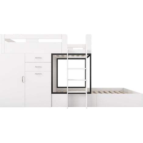 Cama alta infantil con escritorio extraíble, armario, cajones y estantes 90 x 200 cm blanco (1/5)
