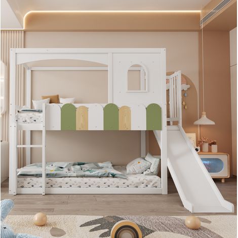 Litera infantil 90x200 cm blanca de madera con tobogan y marco de casa (1/5)
