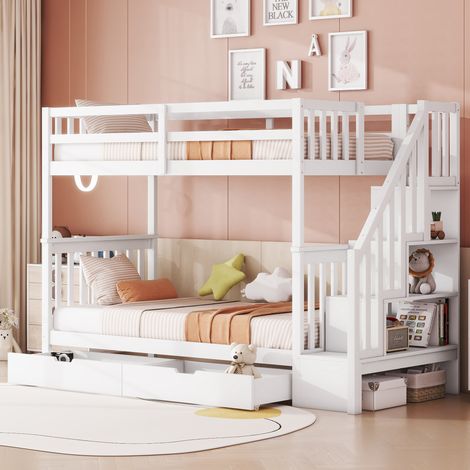 Letto a castello 90200 cm, ripiano per scale, dotato di due cassetti, sponde alte, certificato EN747-1, bianco (1/5)
