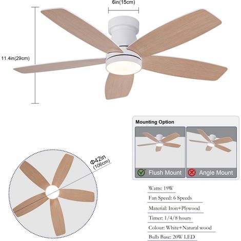 Ventilatore da soffitto con luce 42" 3CCT, 6 velocità, bianco e legno naturale DESVIAE (1/5)